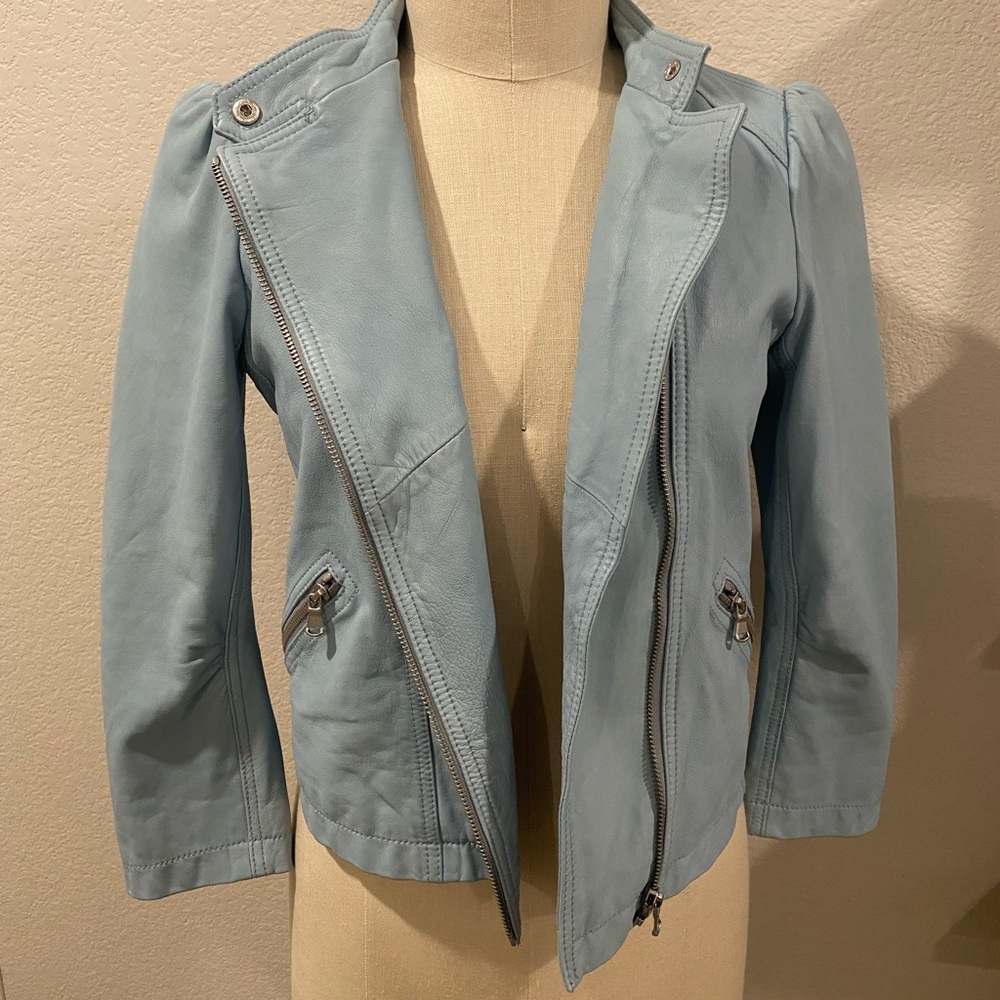 REBECCA TAYLOR - Washed Leather Moto Jacket - OCEAN DUSK - size 8